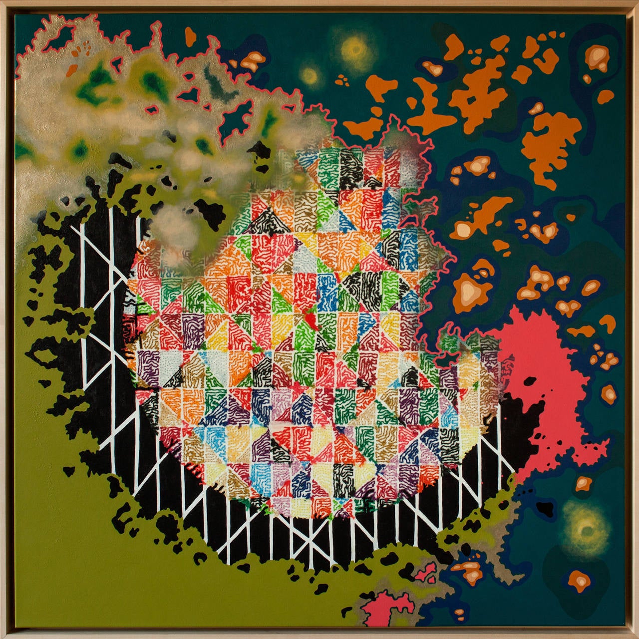 Kelly Kozma Abstract Painting - The Earth Is on Fire, But the Green Garden Will Forever Be My Home