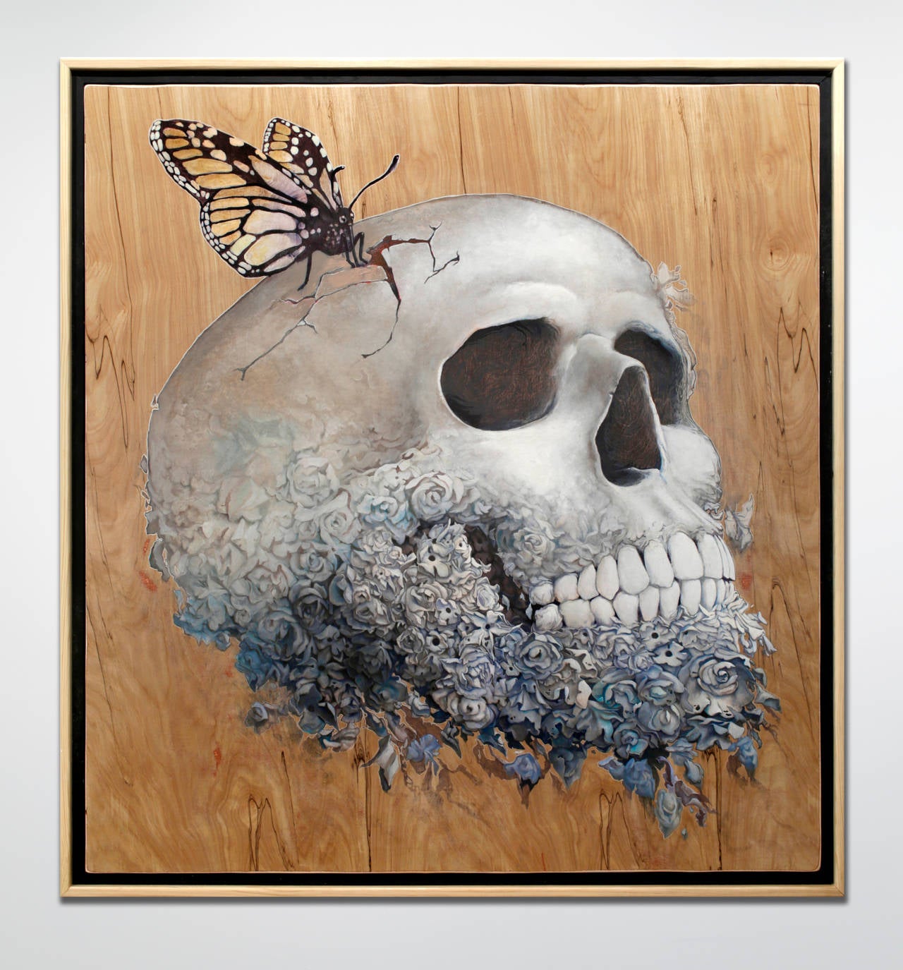 Skull and butterfly painting by Kyle Fisher on birch wood in a handmade wood frame measuring 55in x 51in.

Artist Statement // My works evaluate and challenge the process by which the observable is identified and recorded.
The iconography we gather