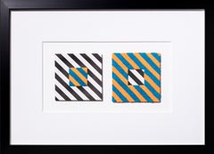 "Complete Me: Stripes" paper collage, hand-embroidery, geometric, blue, yellow