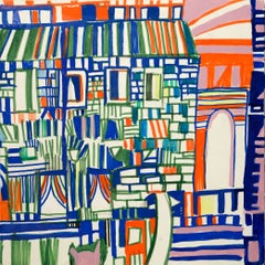 "residence" abstract cityscape, colorful rowhouses, geometric, marker, pencil