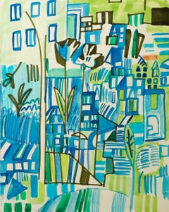 "de un día para otro" paisaje urbano abstracto, geométrico, árboles, acuarela, rotulador