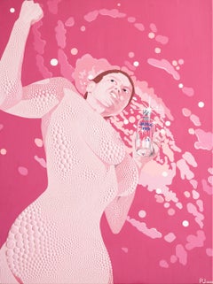 "Absolut Void" Figurative Nude, dimensional paint on canvas, pink, vodka