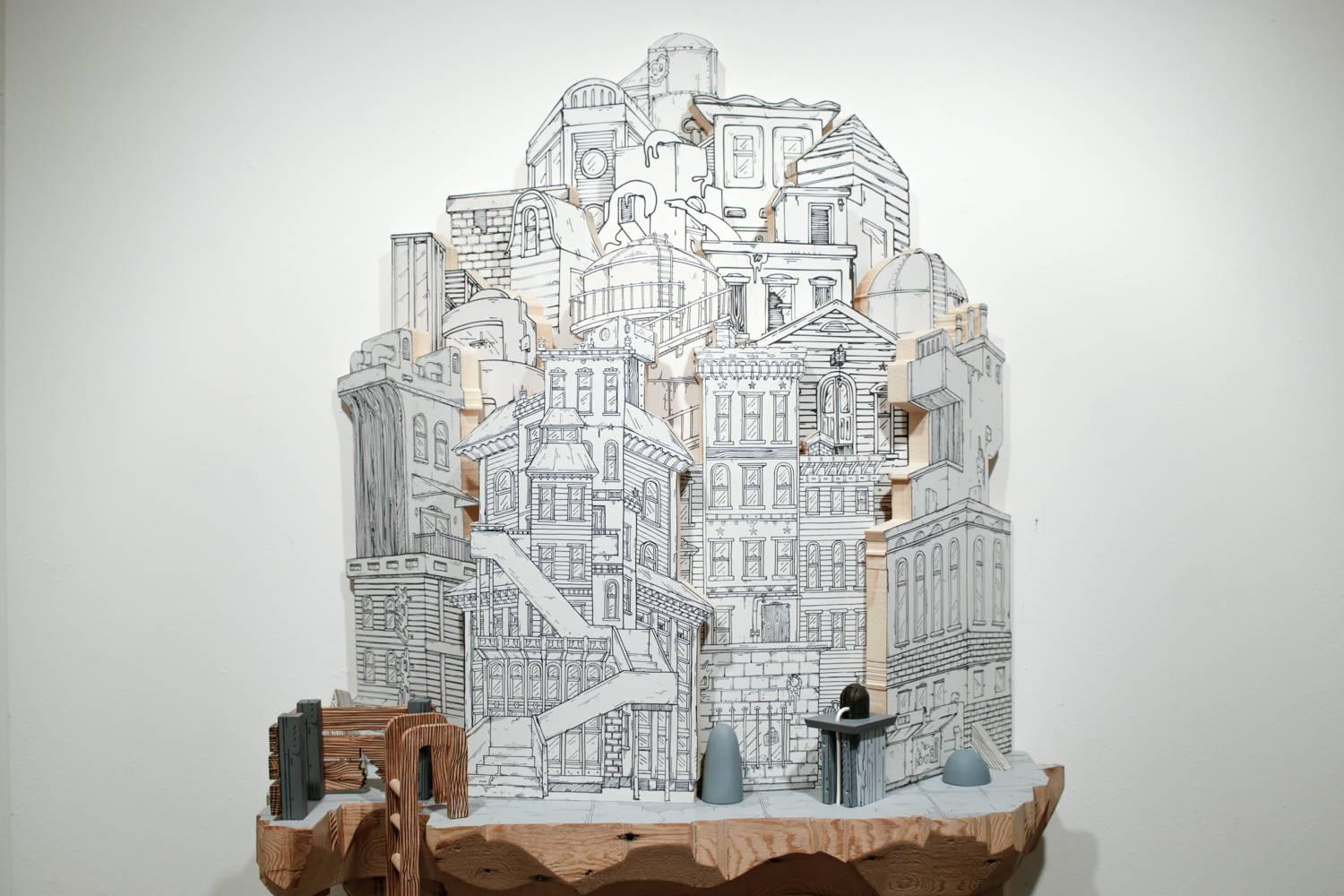 „Left Right There“ Stadtbild-Skulptur, Siebdruck auf Holz (Zeitgenössisch), Mixed Media Art, von Luke O'Sullivan