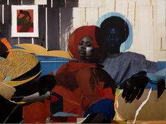 "1974, Syl and Big Stroll" Paper collage of vintage interior with figures