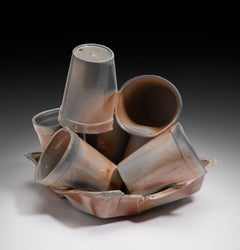 "Remains (Stack of Cups)", wood fired sculpture of balanced to-go cups
