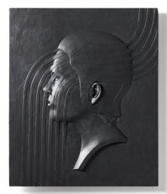 Schwarze Wandskulptur „Throughline“ aus Flachrelief mit männlichem Profil