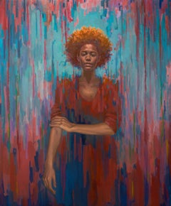 "No One's Fool" Curly-Haired Woman on Dark Red, Purple and Blue Scape
