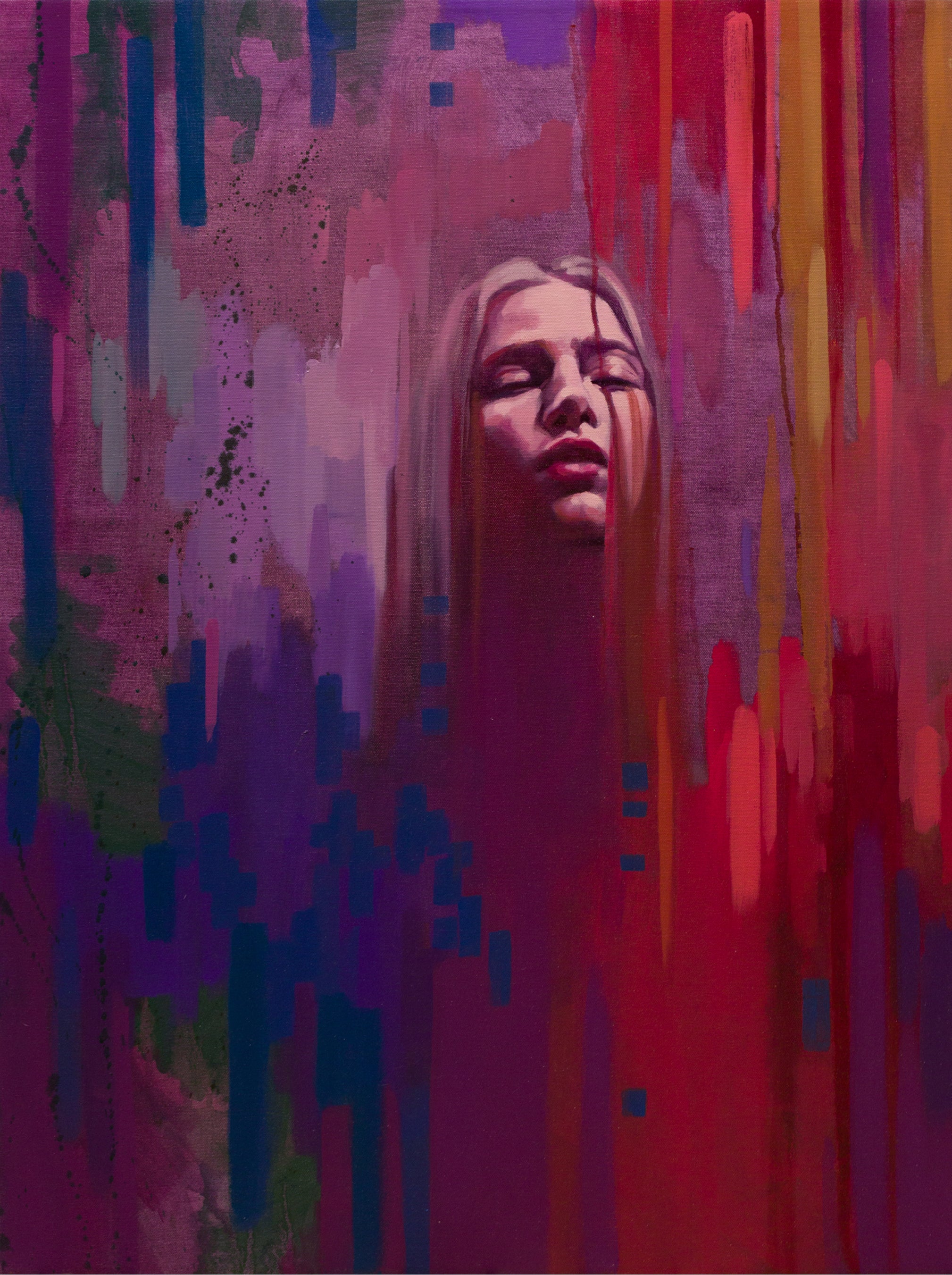 Katherine Fraser Abstract Painting - "What Was Lost, What Remains" Blond Female Portrait in Red, Pink, and Purple