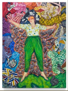 "I Give Myself Grace Now", Woman Surrounded By Laundry in Oil and Embroidery