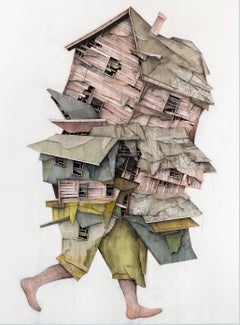 "Wanderer 14" Collapsing Architecture Collaged Painting by Seth Clark
