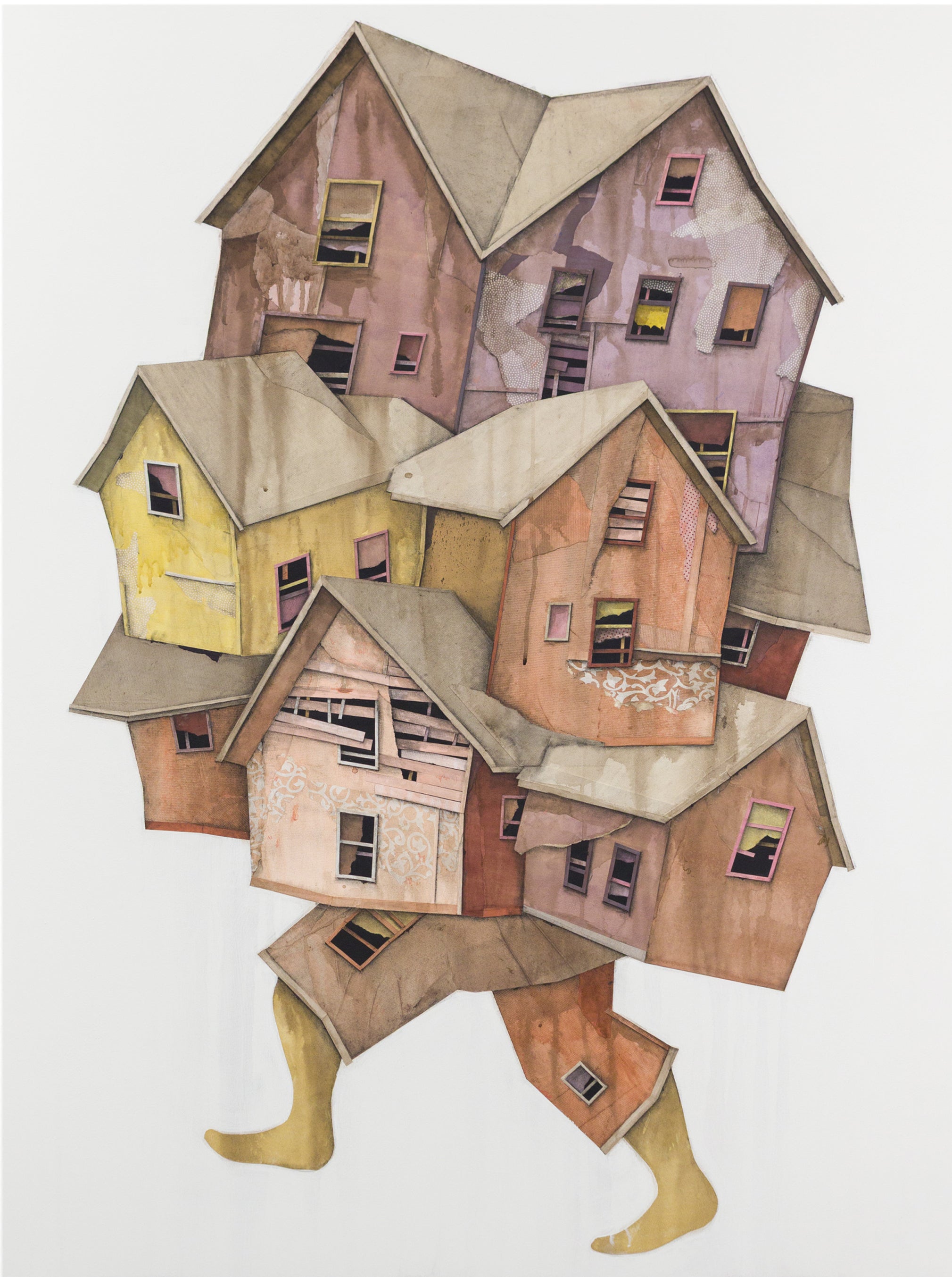 Seth Clark Figurative Art - "Wanderer 12" Collaged Houses in Decay with Acrylic and Graphite on Wood