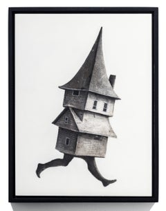 "La Reunión 21" Casa y campanario en movimiento; tinta, carboncillo, pastel sobre madera