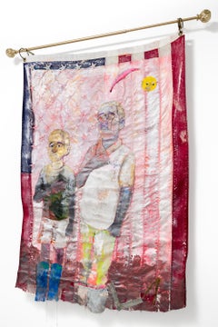 «La caverna de Platón», cuadro contemporáneo de un retrato en bandera con técnica mixta