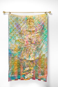 « Luminous Density », portrait coloré sur drapeau, technique mixte, cousu