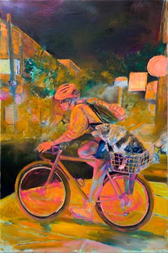 "Star-Rider (Black Jedi)", dipinto a olio in stile urbano raffigurante un ciclista con un cane