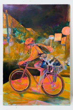 "Star-Rider (Black Jedi)", dipinto a olio in stile urbano raffigurante un ciclista con un cane