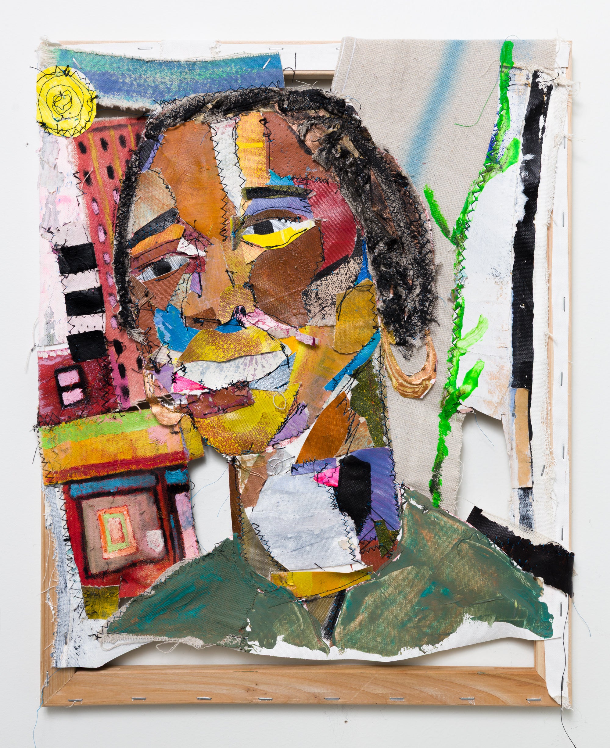 Eustace Mamba Figurative Painting - "Wise Eyes", Mixed-Media Textile Assemblage Stitched Portrait