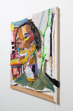"Wise Eyes", Mixed-Media Textile Assemblage Stitched Portrait