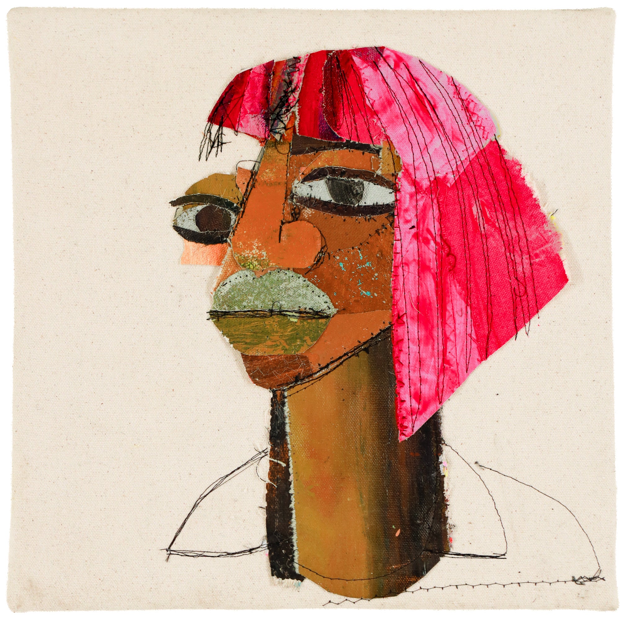 Eustace Mamba Figurative Painting - "Hope, Abstracted", Mixed-Media Textile Assemblage Stitched Portrait