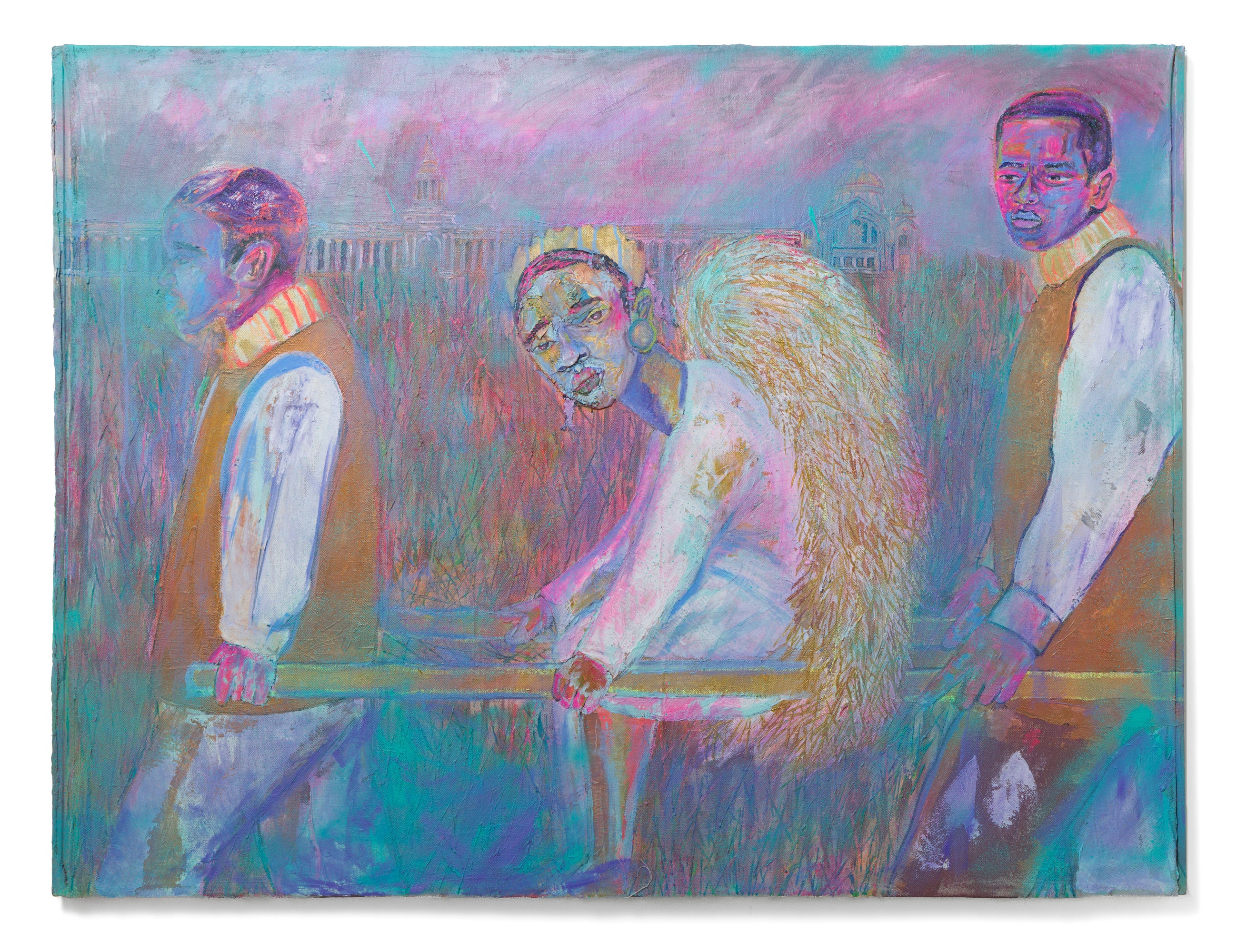 Figurative Painting di Eustace Mamba - "Angeli caduti", ritratto di gruppo figurativo con figura angelica al centro