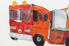 « Camion de pompiers », œuvre d'art contemporaine en technique mixte sur support textile représentant un camion de pompiers