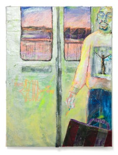 « À la poursuite d'un rêve tardif », peinture en techniques mixtes représentant un passager du métro avec une valise
