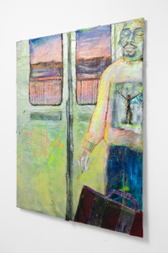 « À la poursuite d'un rêve tardif », peinture en techniques mixtes représentant un passager du métro avec une valise