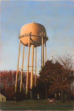 "till Dusk 1:52PM", Realist Landscape Painting with Water Tower and Bare Trees
