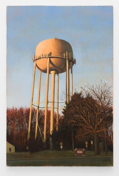 "till Dusk 1:52PM", Realist Landscape Painting with Water Tower and Bare Trees