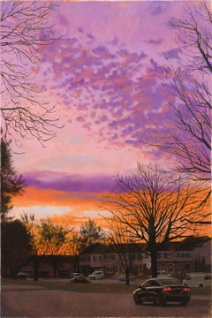 "till Dusk 6:46PM", Contemporary Urban Landscape Painting with Dramatic Pink