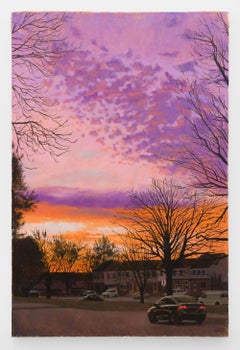 "till Dusk 6:46PM", Contemporary Urban Landscape Painting with Dramatic Pink