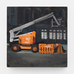"Reach", Urban Night Scene with Orange Boom Lift, Contemporary Painting