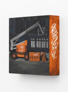 "Reach", Urban Night Scene with Orange Boom Lift, Contemporary Painting