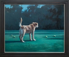 ""In Our Nature", Hund in Landschaft mit Tenniskugeln, Ölgemälde