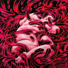 "Malignant", Abstract Painting, Pink and Black, Gouache and Ink on Wood