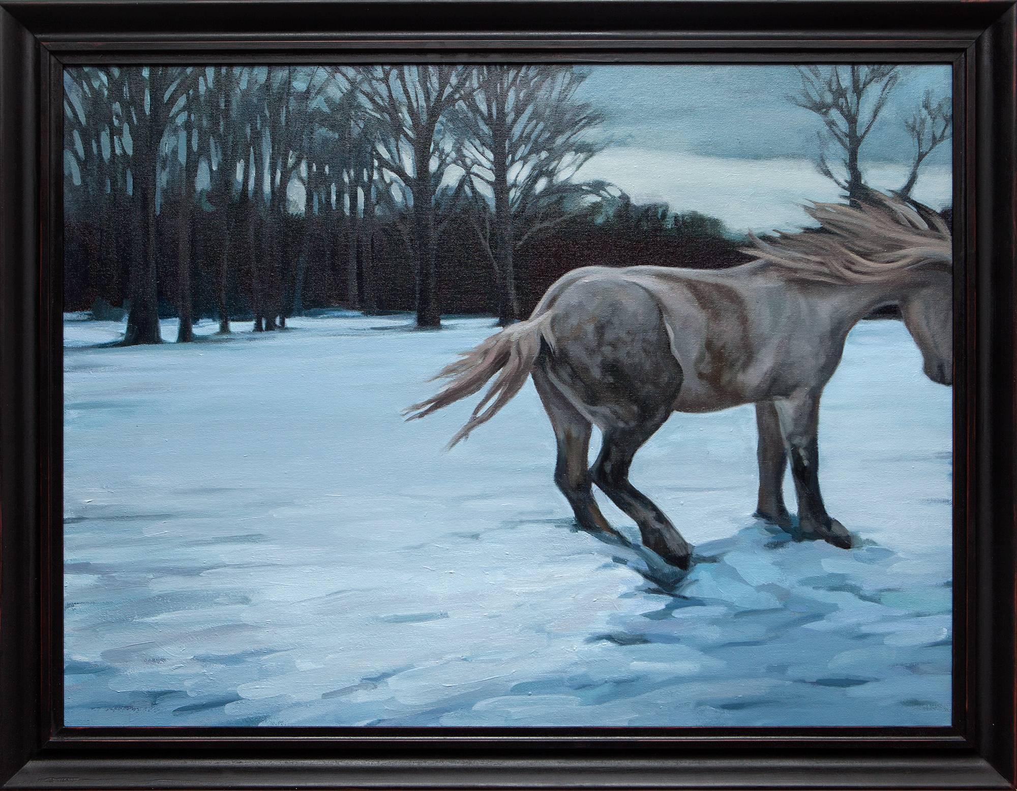 Landscape Painting Katherine Fraser - "Alive and Well", Paysage d'hiver avec peinture à l'huile de cheval, scène de neige