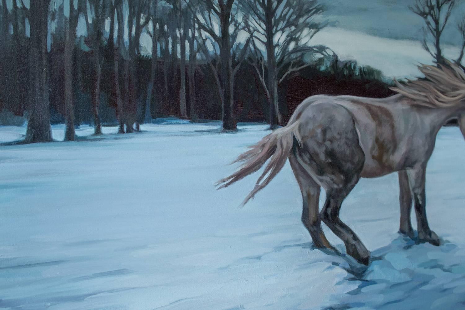 Cette peinture d'un cheval dans un paysage enneigé intitulée 