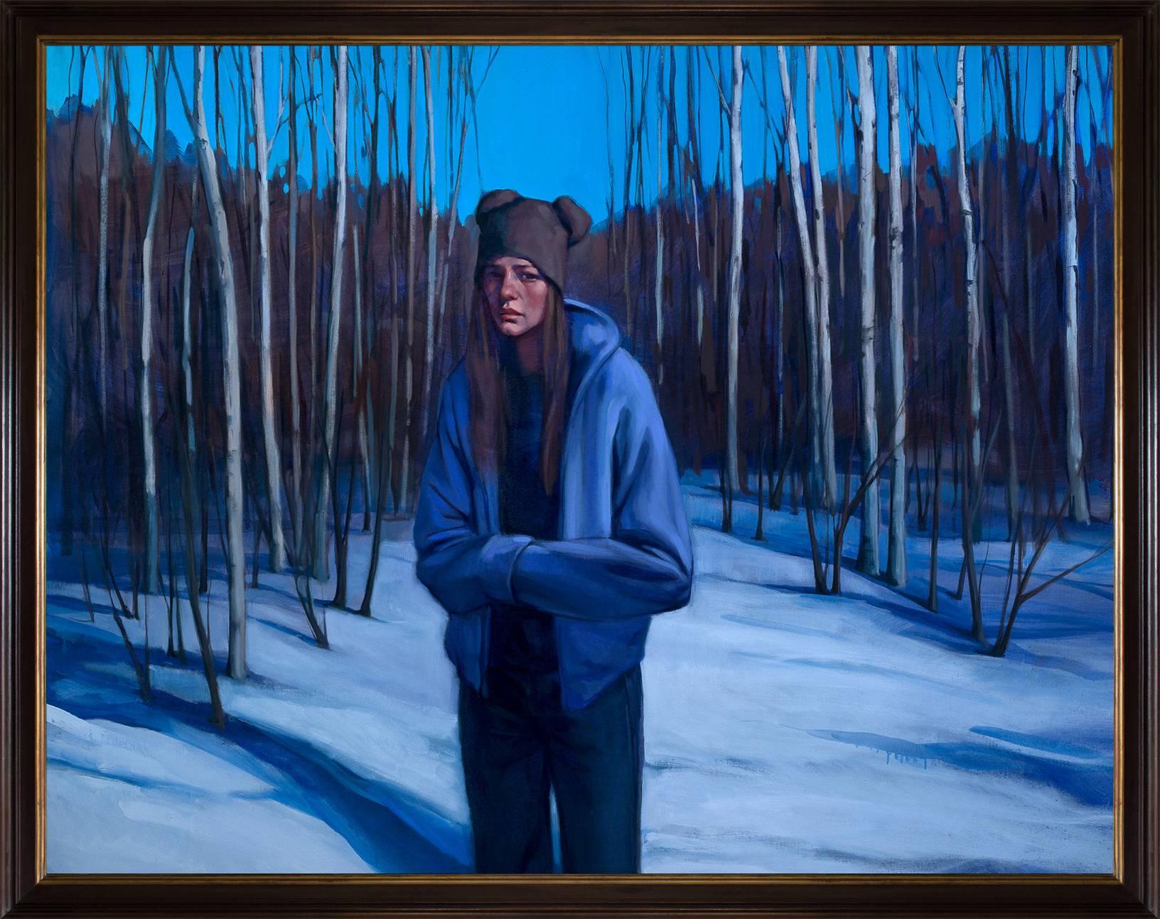 Katherine Fraser Portrait Painting - "Revelation", Large winter landscape with woman oil painting