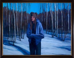 "Revelation", Large winter landscape with woman oil painting