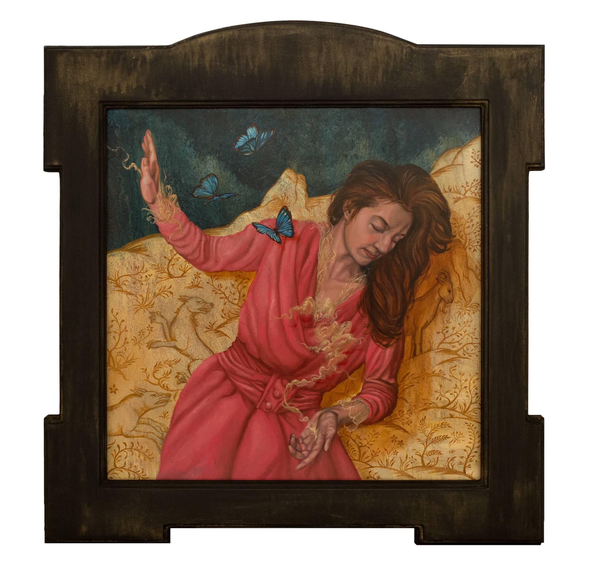 Figurative Painting de Paul Romano - "Heroína (Intercesora)", Pintura al óleo figurativa, Mujer sentada con mariposas