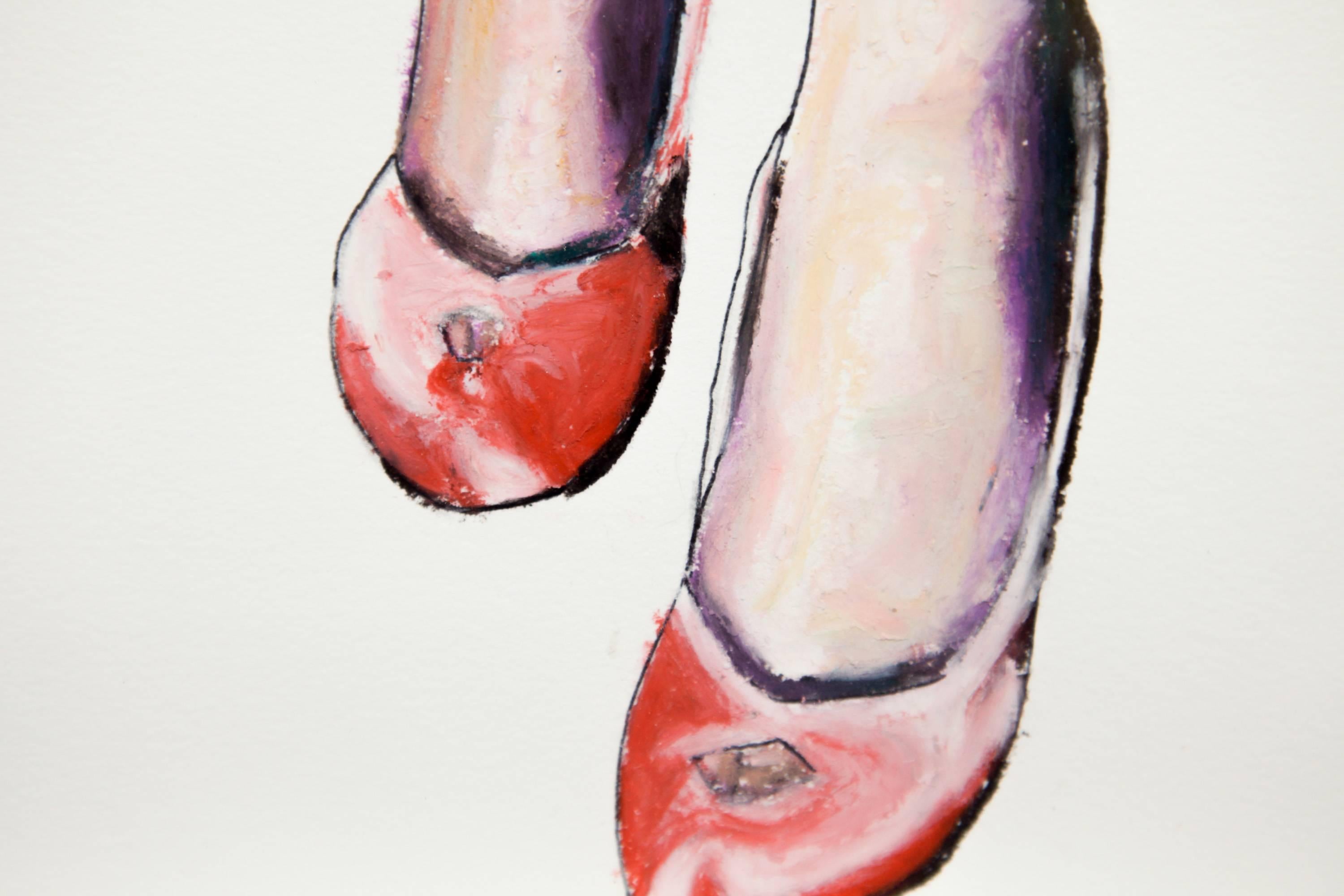 Peinture à l'huile rose, nu figuratif, talons hauts, lingerie en vente 1