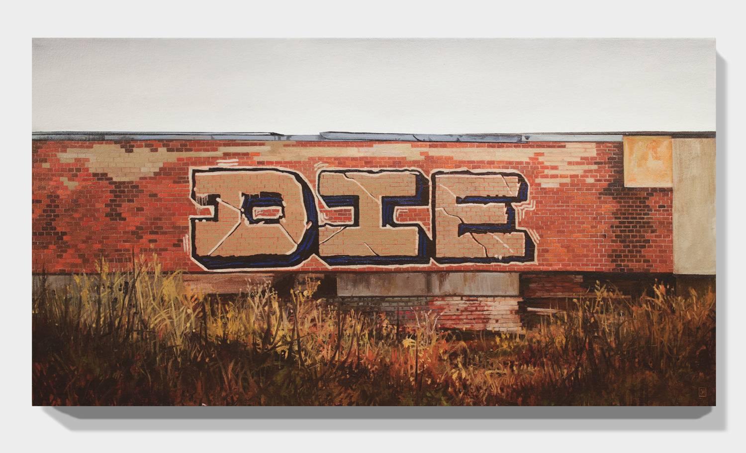 Jessica Hess, „D.I.E.“, Ölgemälde, hyperrealistisch, Graffiti-Landschaft im Angebot 3