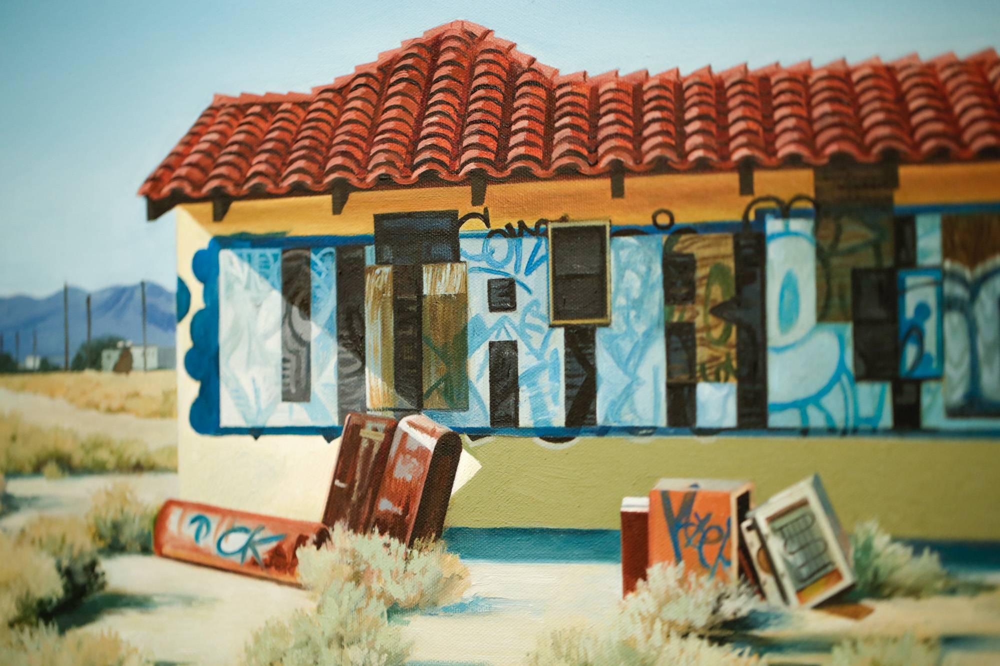 « Bakersfield II », peinture à l'huile hyperréaliste, paysage à graffitis, photoréaliste - Gris Landscape Painting par Jessica Hess