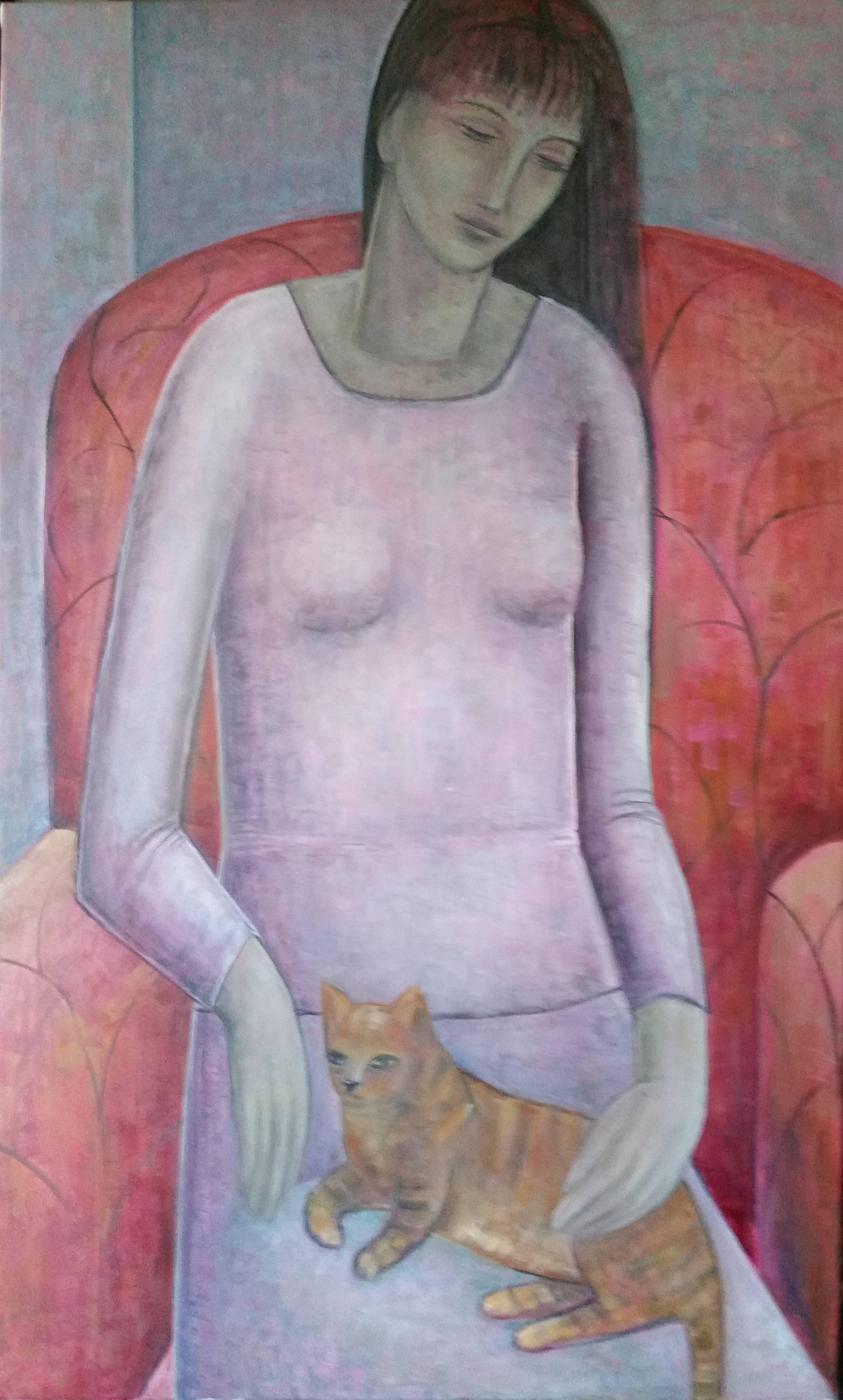 Ruth Addinall Figurative Painting - Woman and Cat. Contemporary Figurative Oil Painting on Canvas