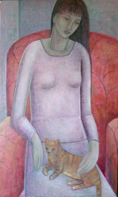 Woman and Cat. Contemporary Figurative Oil Painting on Canvas
