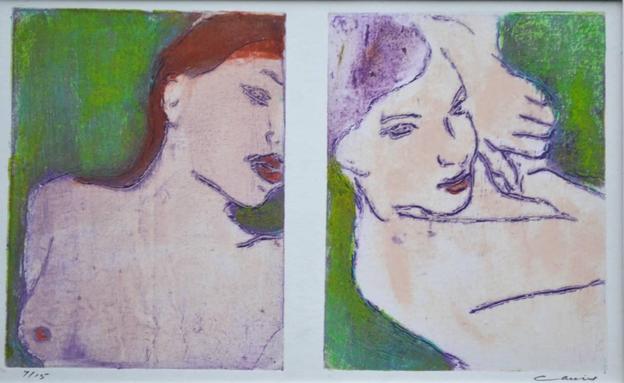 Pair of Nudes in Green:Contemporary Limited Edition Etching