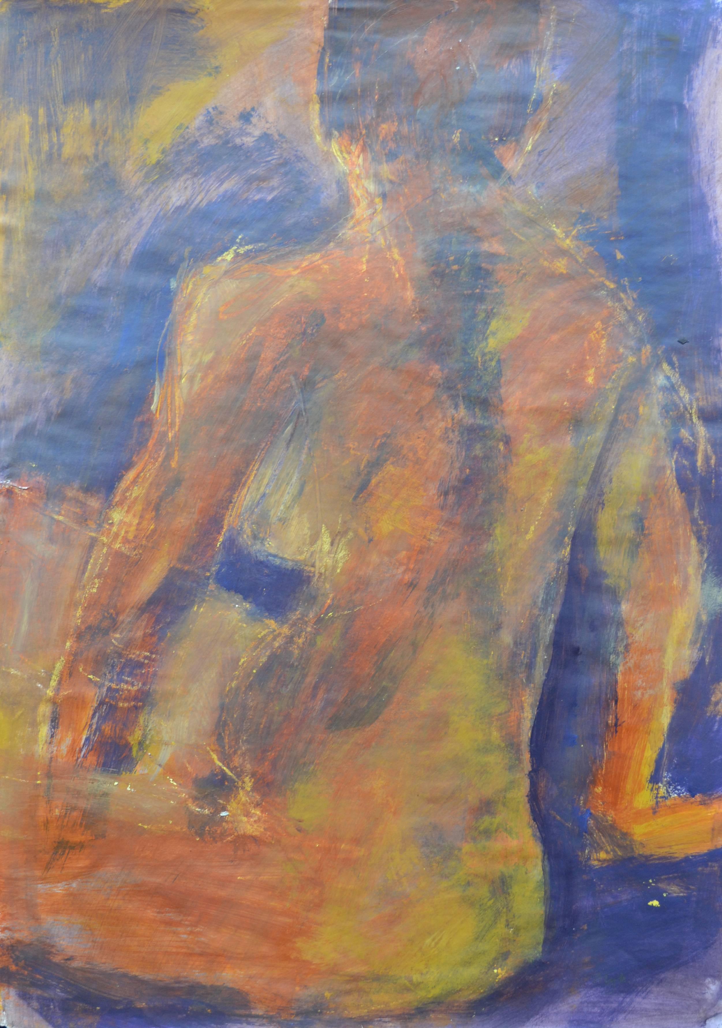 Angela Lyle Nude Painting – Lila Rückseite: Gemälde in Mischtechnik auf Papier