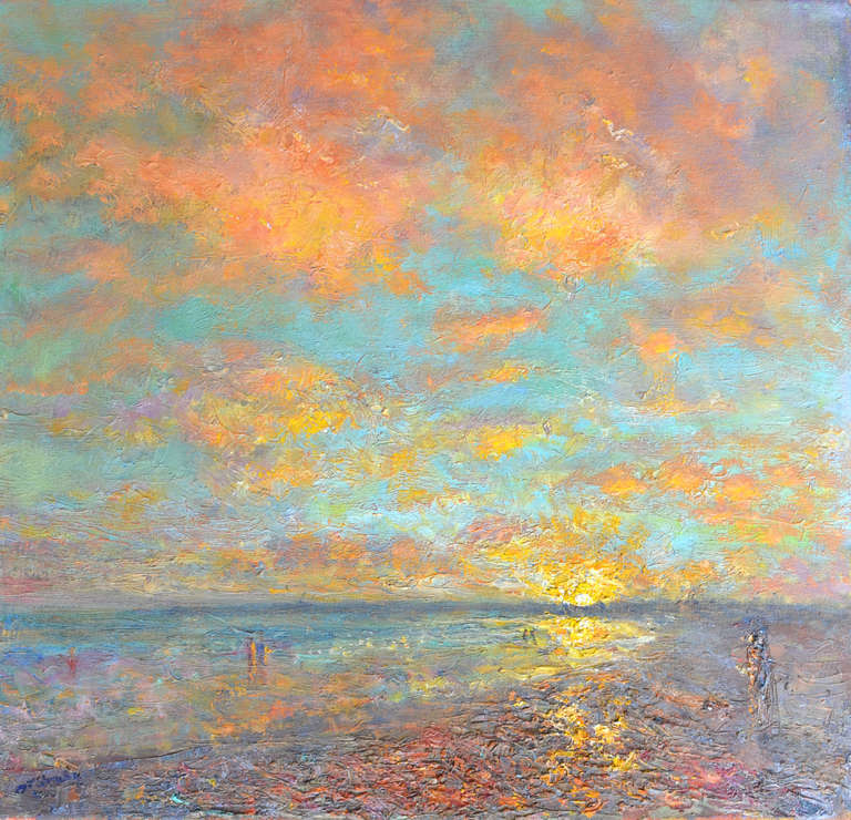 Long Rock Beach, Sunset - Painting by Michael Strang