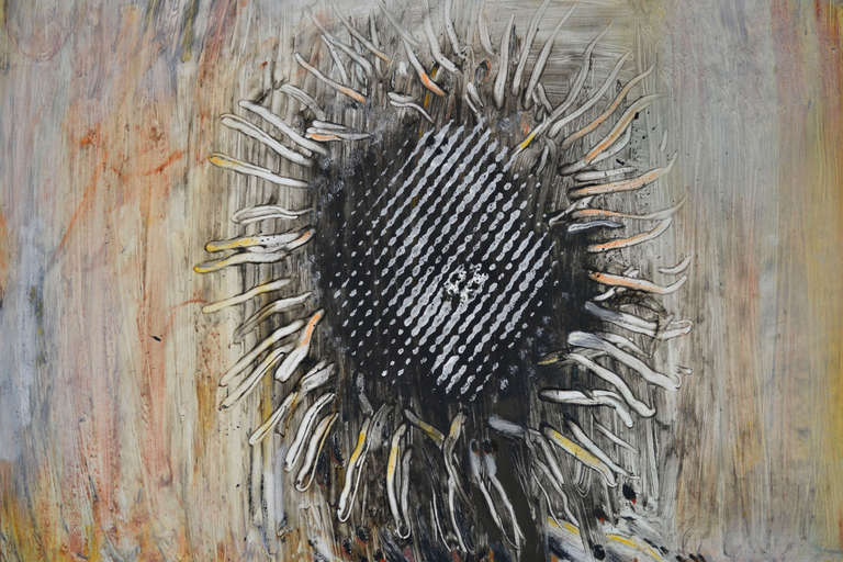 This is Peter Rossiter's interpretation of a sunflower; mixed media on canvas. The visual effect of this painting is stunning; made striking by the subtle use of background color and the almost monotone depiction of the central sunflower.

 Peter