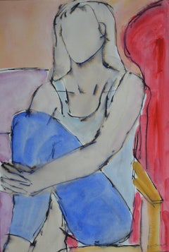 Romy In Jeans: Contemporary Mixed Media Figurative painting by John Emanuel